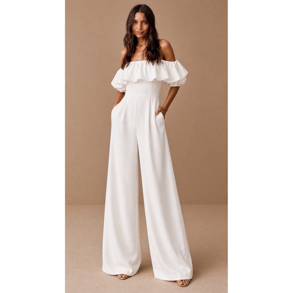 Fame & Partners x Anthropologie Tassiah Jumpsuit White Elegant Off Shoulder Sz:6